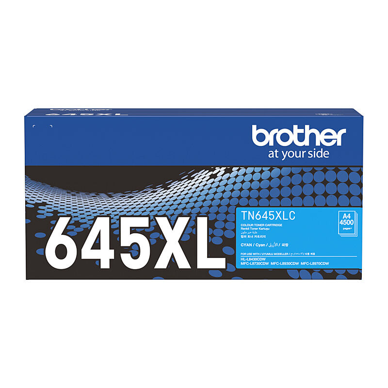 Brother TN645XLC cyan high yield toner cartridge box for compatible Brother laser printers, available from Mega Office Supplies.