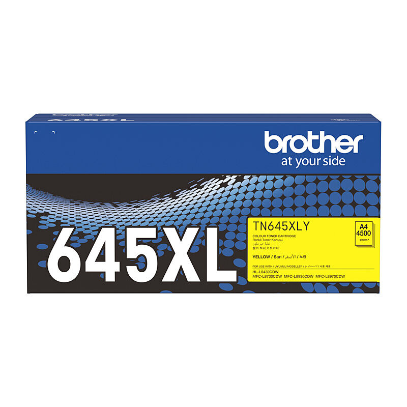 Brother TN645XLY yellow high yield toner cartridge box for compatible Brother laser printers, available from Mega Office Supplies.