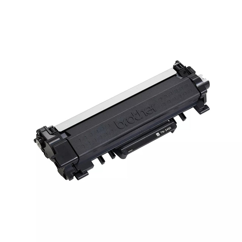 Right side angled view of the Brother TN-2450 black toner cartridge, showing the drum contact end, the ribbed hand grip running along the body and the toner level window on the side panel against a white background