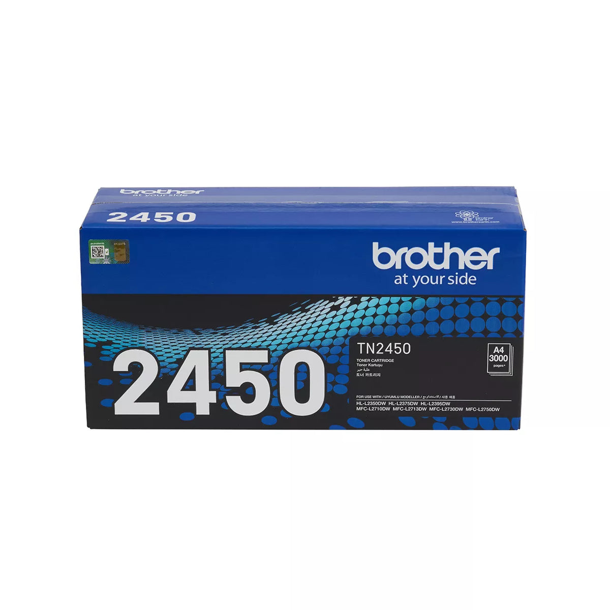 Retail carton for the genuine Brother TN-2450 high yield black toner cartridge, standing upright with the blue and white Brother packaging design and the TN-2450 model code printed across the front face