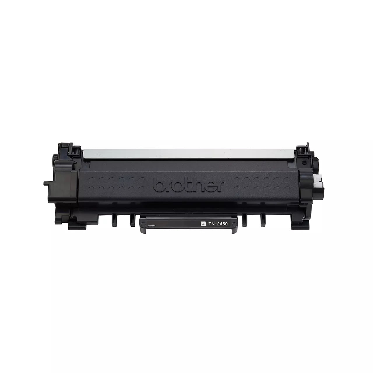 Front view of the genuine Brother TN-2450 black high yield toner cartridge, showing the moulded grey and black casing with the green release lever and Brother branding across the top face against a plain white background