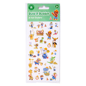 Retail packaging presentation of the Build It Buddies Foil Stickers set. The pack displays the Learning Can Be Fun branding, age recommendation and a preview of the colourful construction animal stickers with shiny foil embellishments.