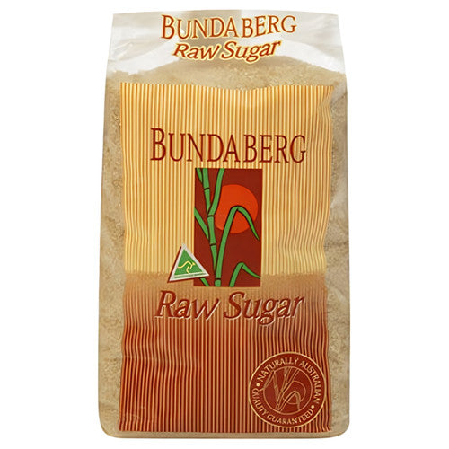 Bundaberg Raw Sugar 1kg bag showing natural golden crystals with nutrition information label