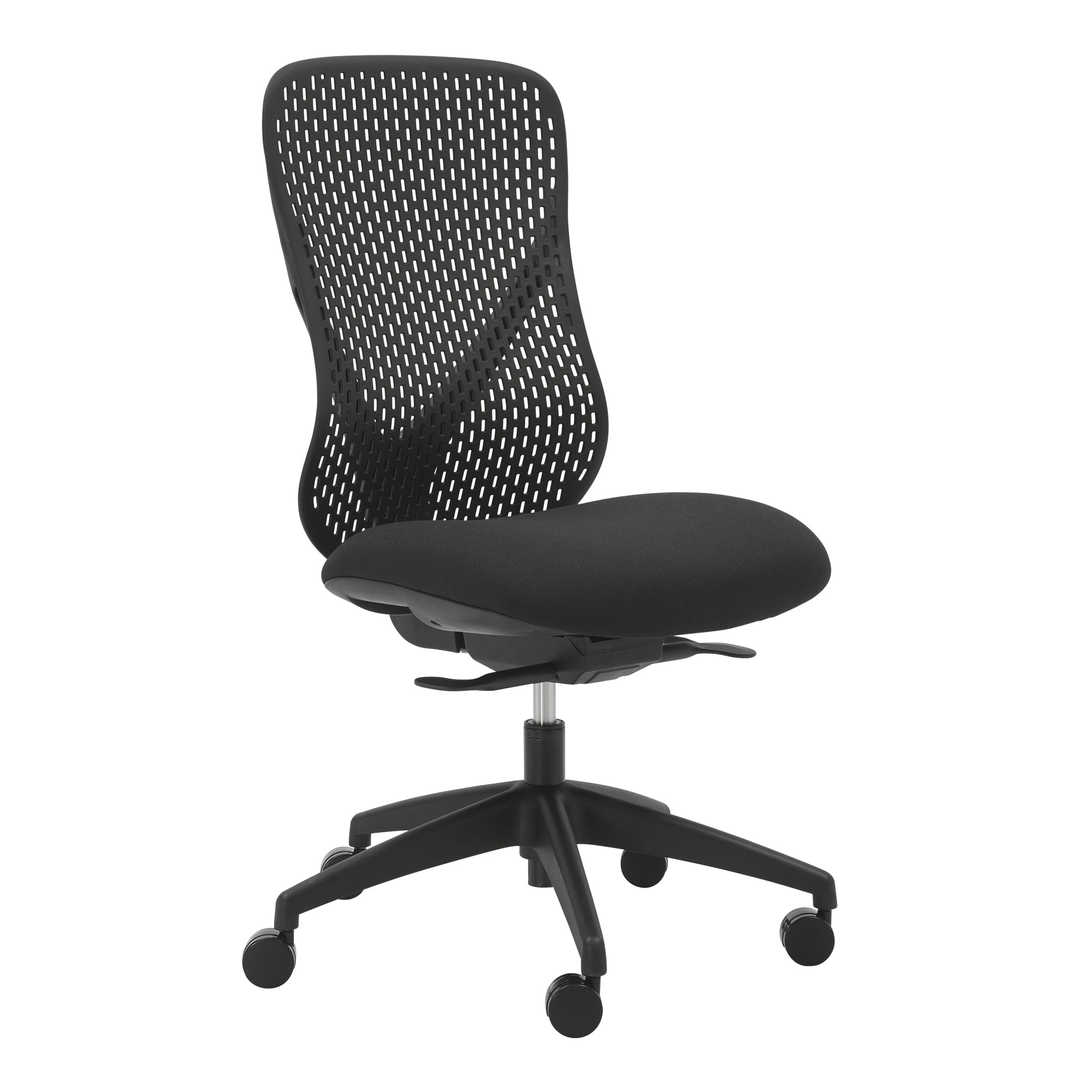 Alternate angle of Buro Axon Chair Without Arms Black showing profile and construction detail