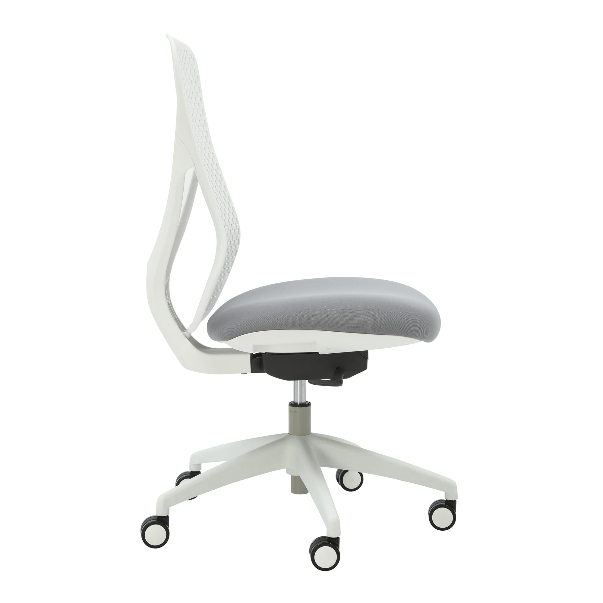 Alternate angle of Buro Axon Chair Without Arms Light Grey Frame showing profile and construction detail