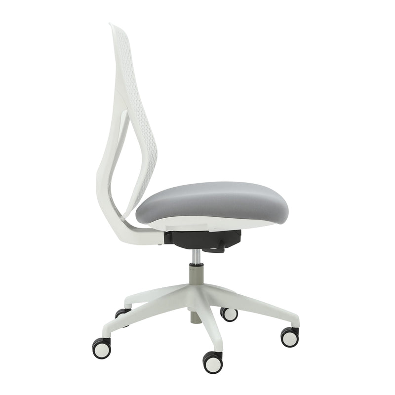 Alternate angle of Buro Axon Chair Without Arms Light Grey Frame showing profile and construction detail
