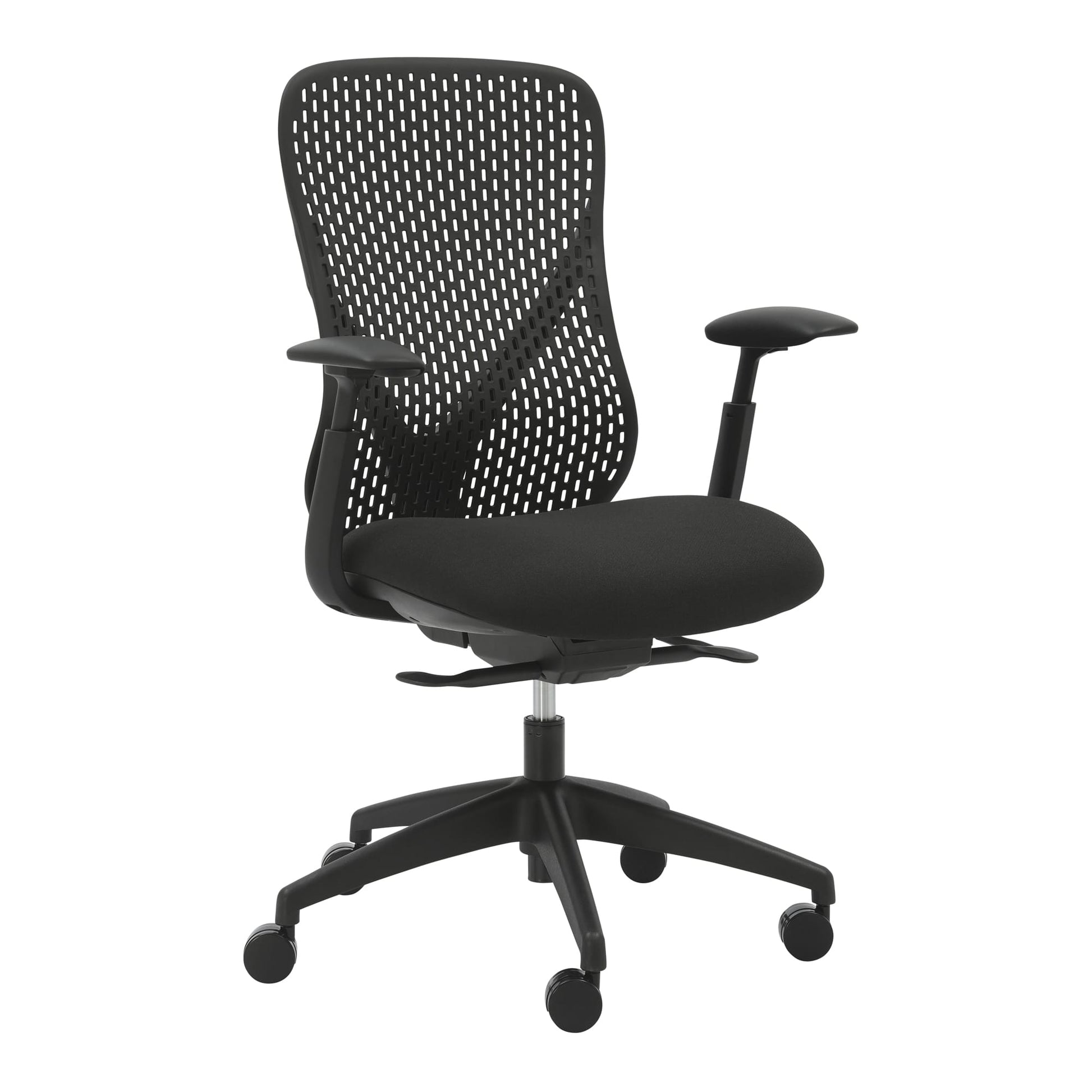 Front angle view of Buro Axon Chair with Arms Black against a white studio background