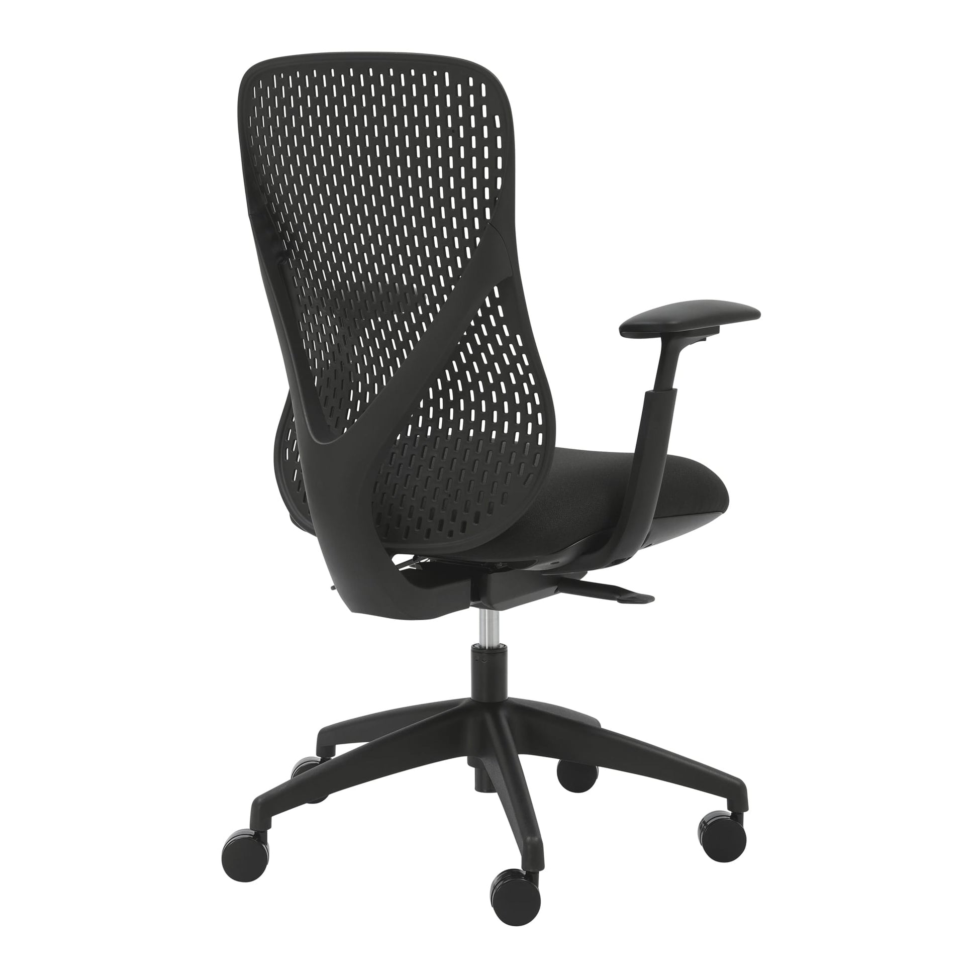 Alternate angle of Buro Axon Chair with Arms Black showing profile and construction detail