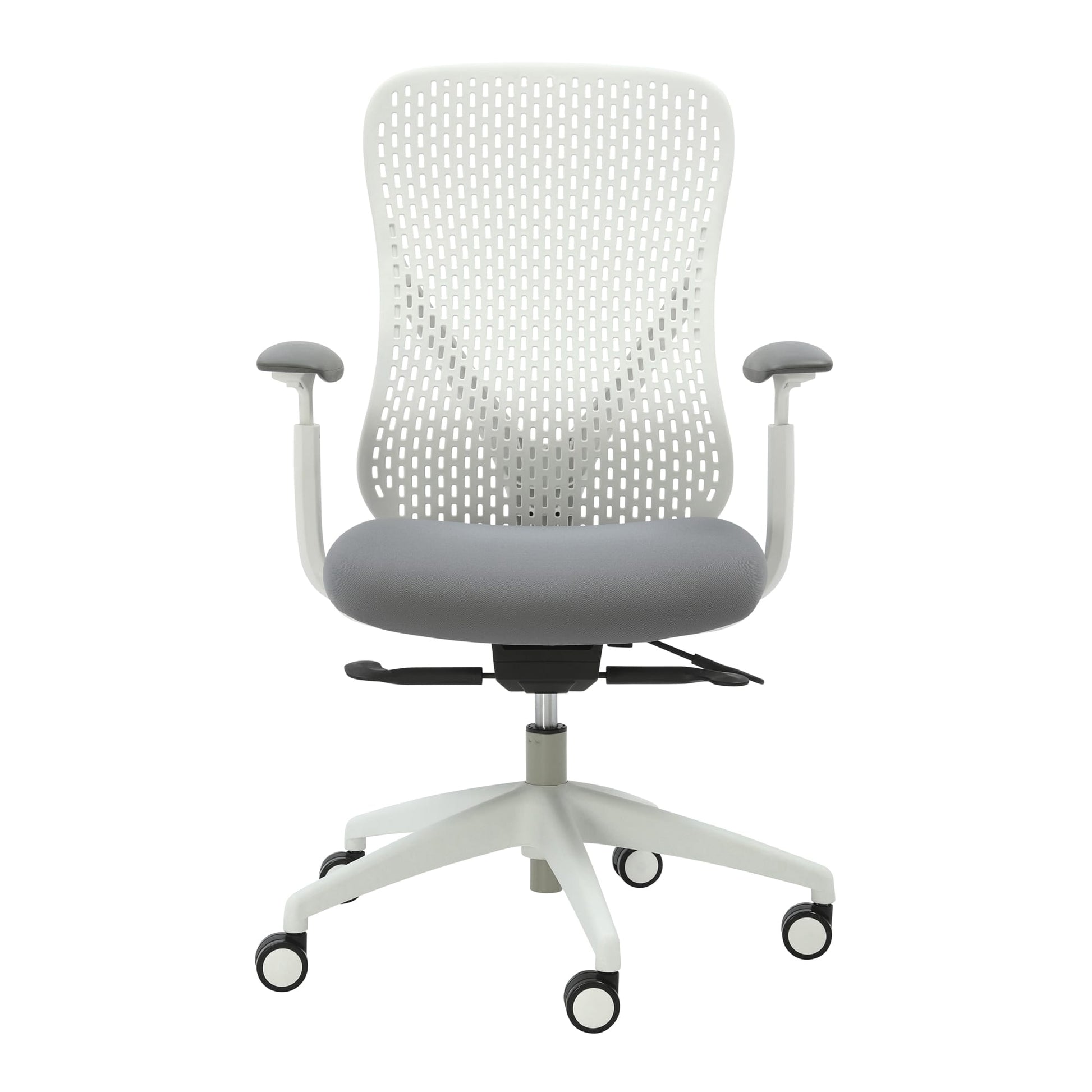 Alternate angle of Buro Axon Chair with Arms Light Grey Frame showing profile and construction detail