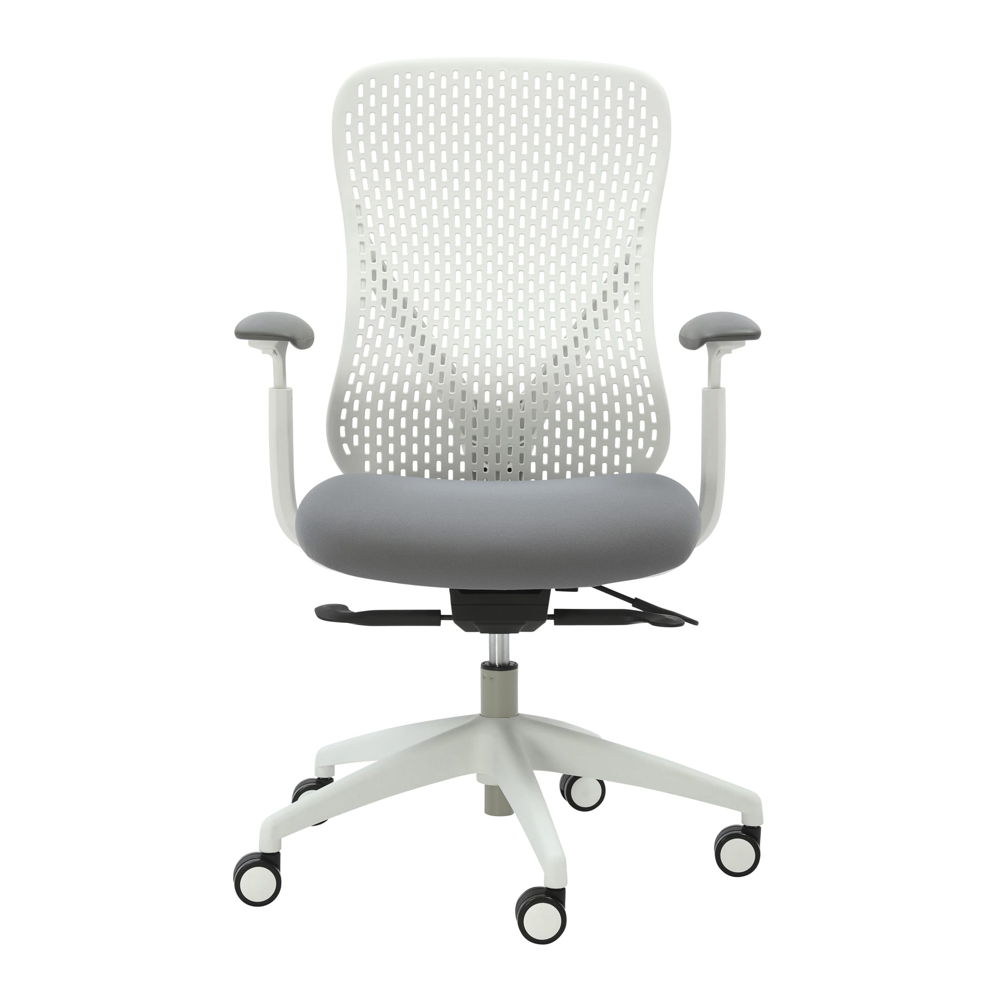 Alternate angle of Buro Axon Chair with Arms Light Grey Frame showing profile and construction detail