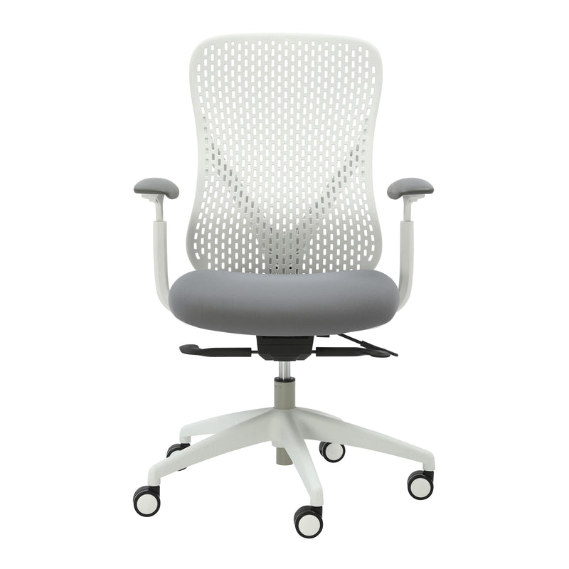 Alternate angle of Buro Axon Chair with Arms Light Grey Frame showing profile and construction detail