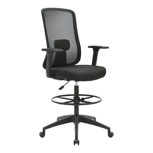 Buro Elan Drafting Chair 159A-M3-AT in black with a mesh back, adjustable arms, black foot ring and five star base on castors