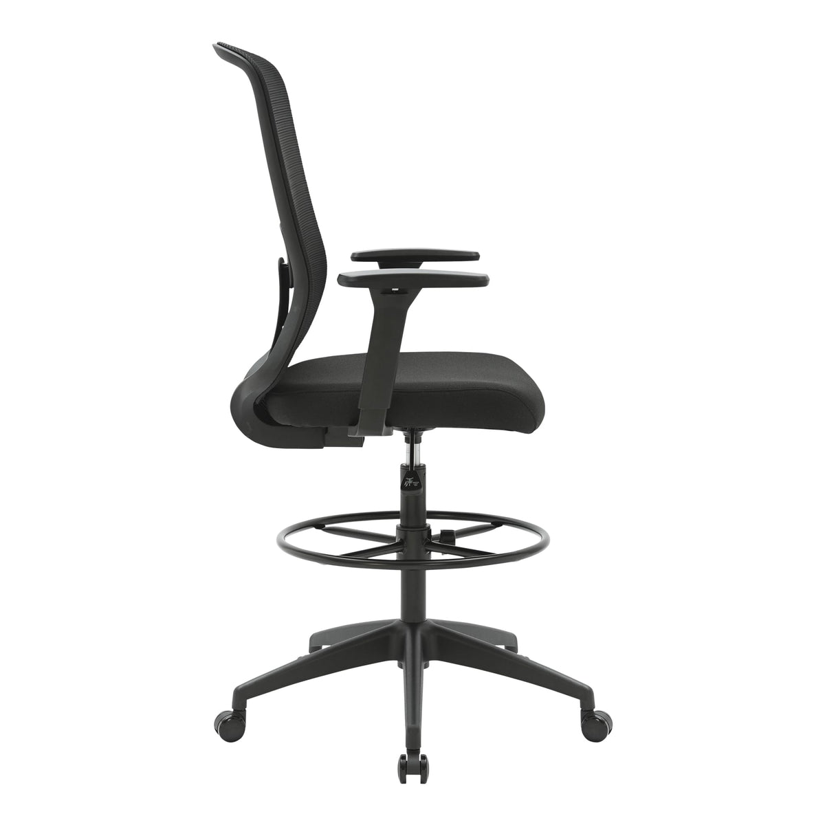 Side view of the black Buro Elan drafting chair showing the curved mesh back, seat, arm height and the foot ring on the gas lift