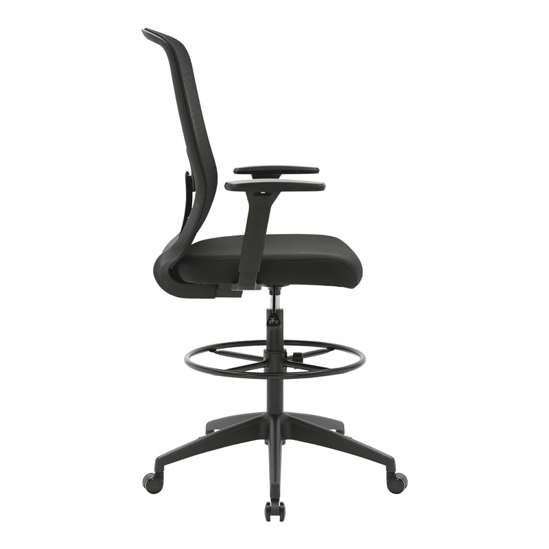 Side view of the black Buro Elan drafting chair showing the curved mesh back, seat, arm height and the foot ring on the gas lift