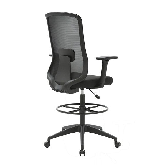 Rear three quarter view of the black Buro Elan drafting chair showing the lumbar pad behind the mesh and the adjustable arms