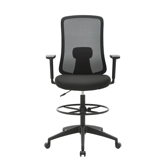 Front view of the black Buro Elan drafting chair with the lumbar pad visible through the mesh and arms set level with the seat