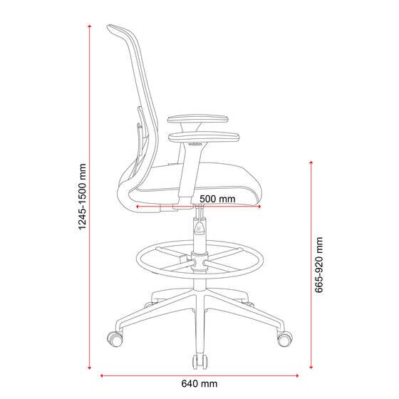 Side line drawing of the Buro Elan drafting chair marked with a 1245 to 1500mm height, 665 to 920mm seat height and 640mm depth