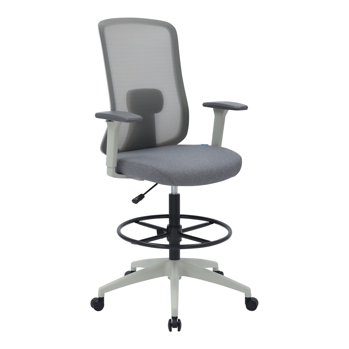 Buro Elan Drafting Chair 159A-M2-AT with a light grey frame and base, grey mesh back and seat, grey arms and a black foot ring