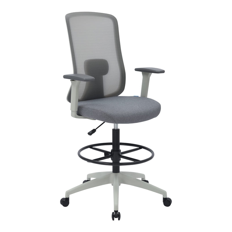 Buro Elan Drafting Chair 159A-M2-AT with a light grey frame and base, grey mesh back and seat, grey arms and a black foot ring