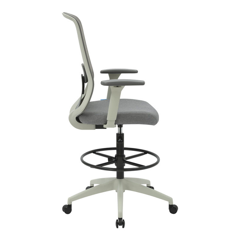 Side view of the light grey Buro Elan drafting chair showing the mesh back profile, arm height and the black foot ring