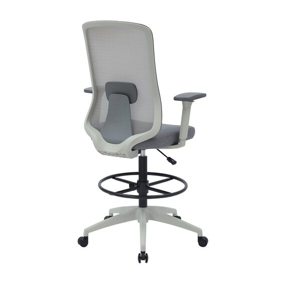 Rear three quarter view of the light grey Buro Elan drafting chair with the grey lumbar pad visible behind the mesh back