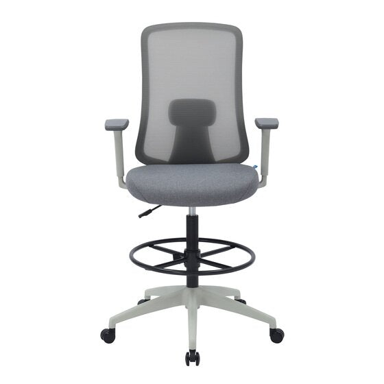 Front view of the light grey Buro Elan drafting chair showing the lumbar pad through the mesh, the grey seat and both arms