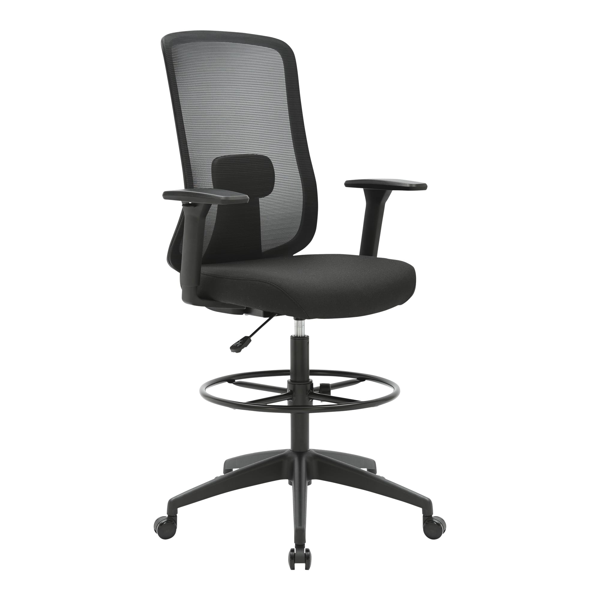 Front angle view of Buro Elan Drafting Chair with Arms Black against a white studio background