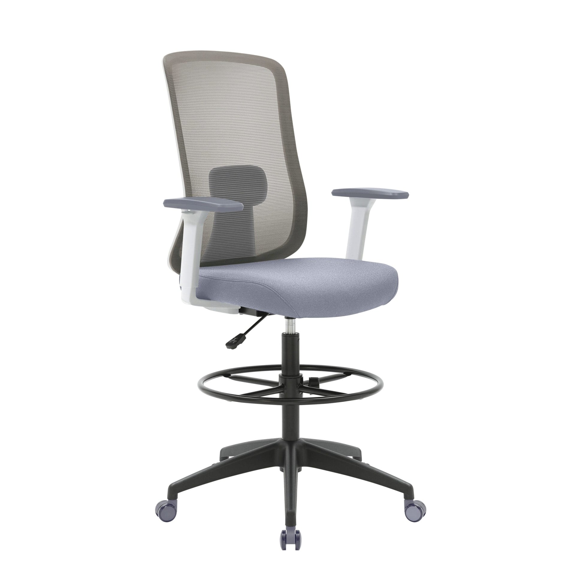 Front angle view of Buro Elan Drafting Chair with Arms White and Grey against a white studio background