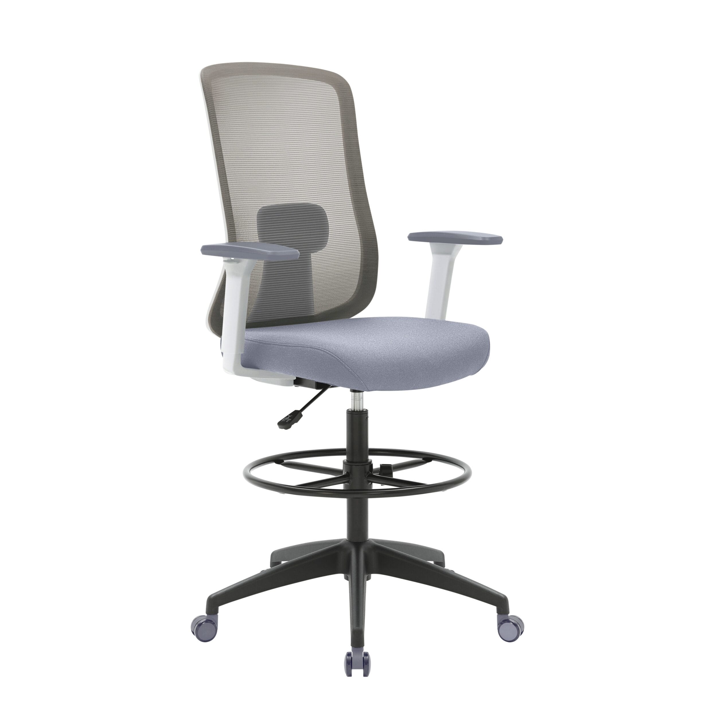 Front angle view of Buro Elan Drafting Chair with Arms White and Grey against a white studio background