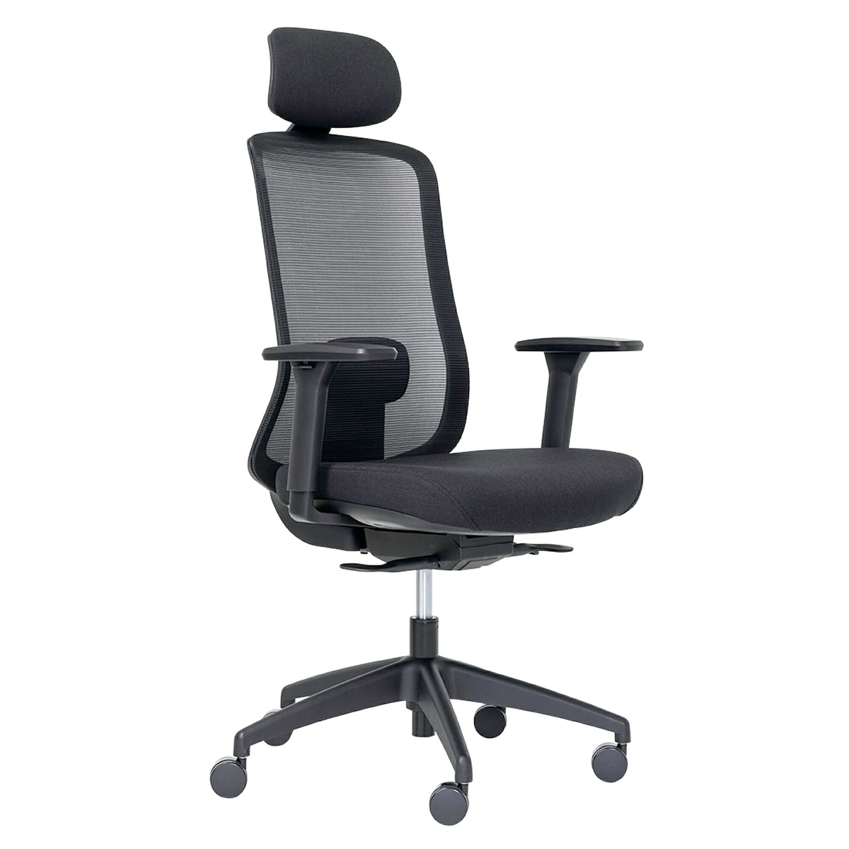 Black Buro Elan mesh back office chair with arms, shown with the black height adjustable headrest fitted above the backrest