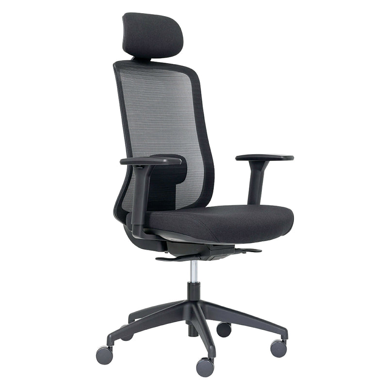 Black Buro Elan mesh back office chair with arms, shown with the black height adjustable headrest fitted above the backrest