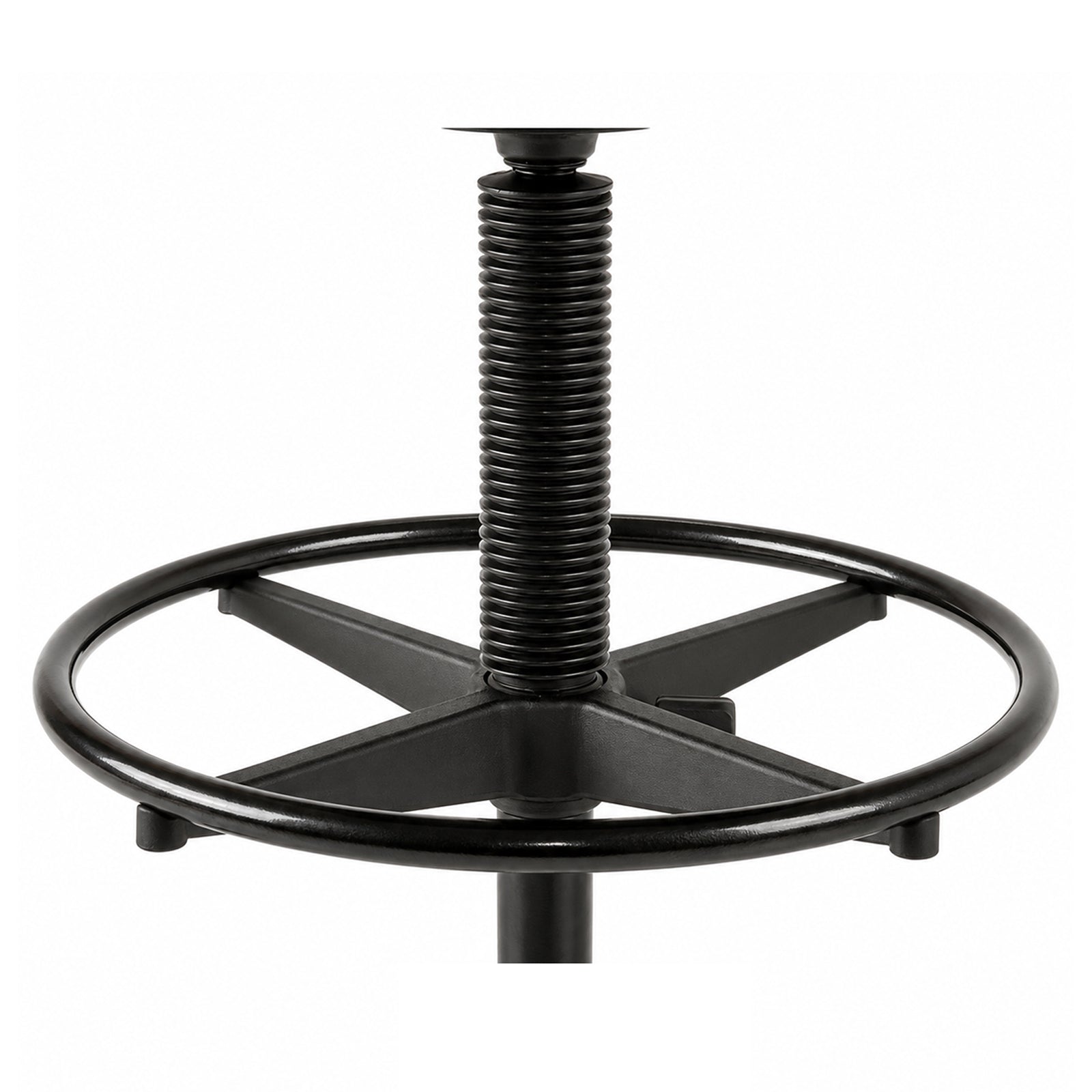 Detailed product view of the Buro Enso Chair Drafting Kit foot ring and tall gas lift against a white background, showing the circular black foot support and supporting framework designed to convert compatible Enso seating for elevated workstations.