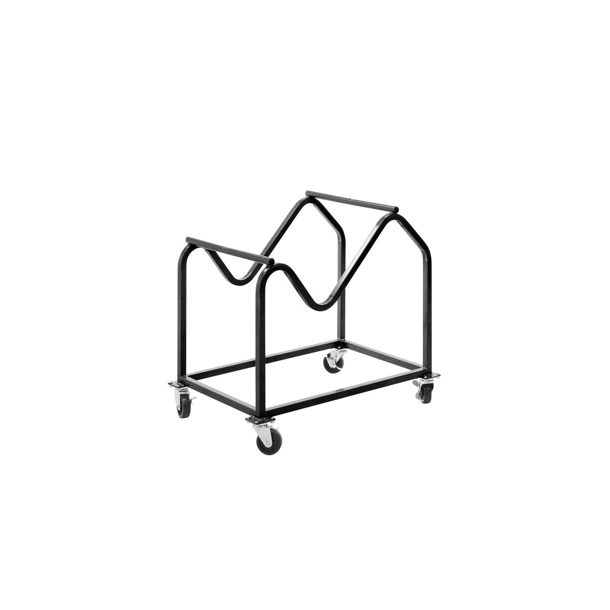Buro 4ZD411-BLK-KD black steel chair trolley with a rectangular base on four castors and two raised end frames with a wave shaped top rail