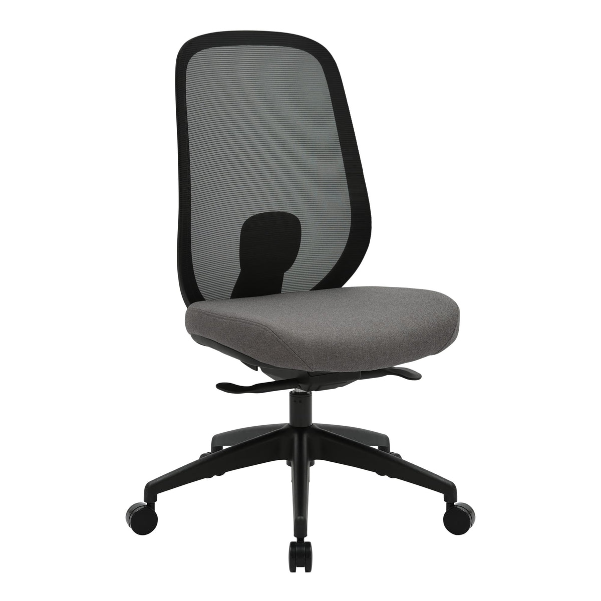 Buro Force chair 799-3-M3 without arms, with a black frame and five star base, black mesh back and a grey seat