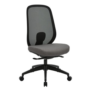 Buro Force chair 799-3-M3 without arms, with a black frame and five star base, black mesh back and a grey seat