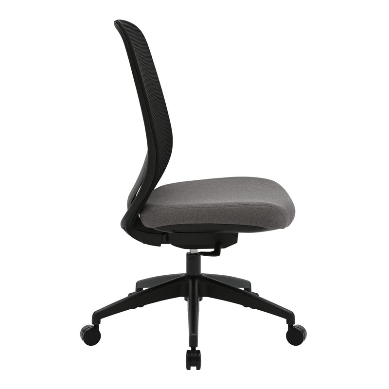 Side view of the black Buro Force chair without arms showing the mesh back curve, grey seat depth and gas lift