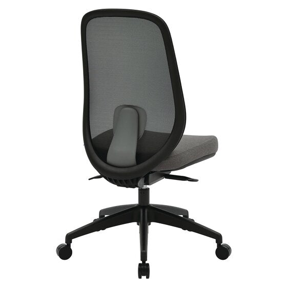 Rear three quarter view of the armless Buro Force chair in black with the lumbar pad behind the mesh and the grey seat