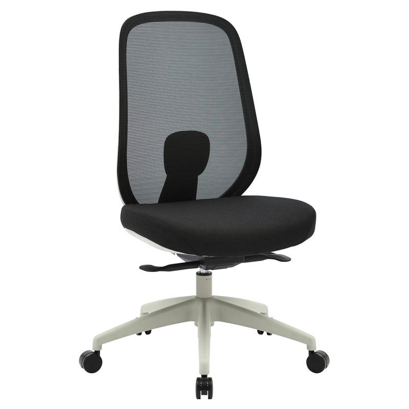 Buro Force chair 799-2-M3 without arms, with a light grey frame and five star base, black mesh back and black seat