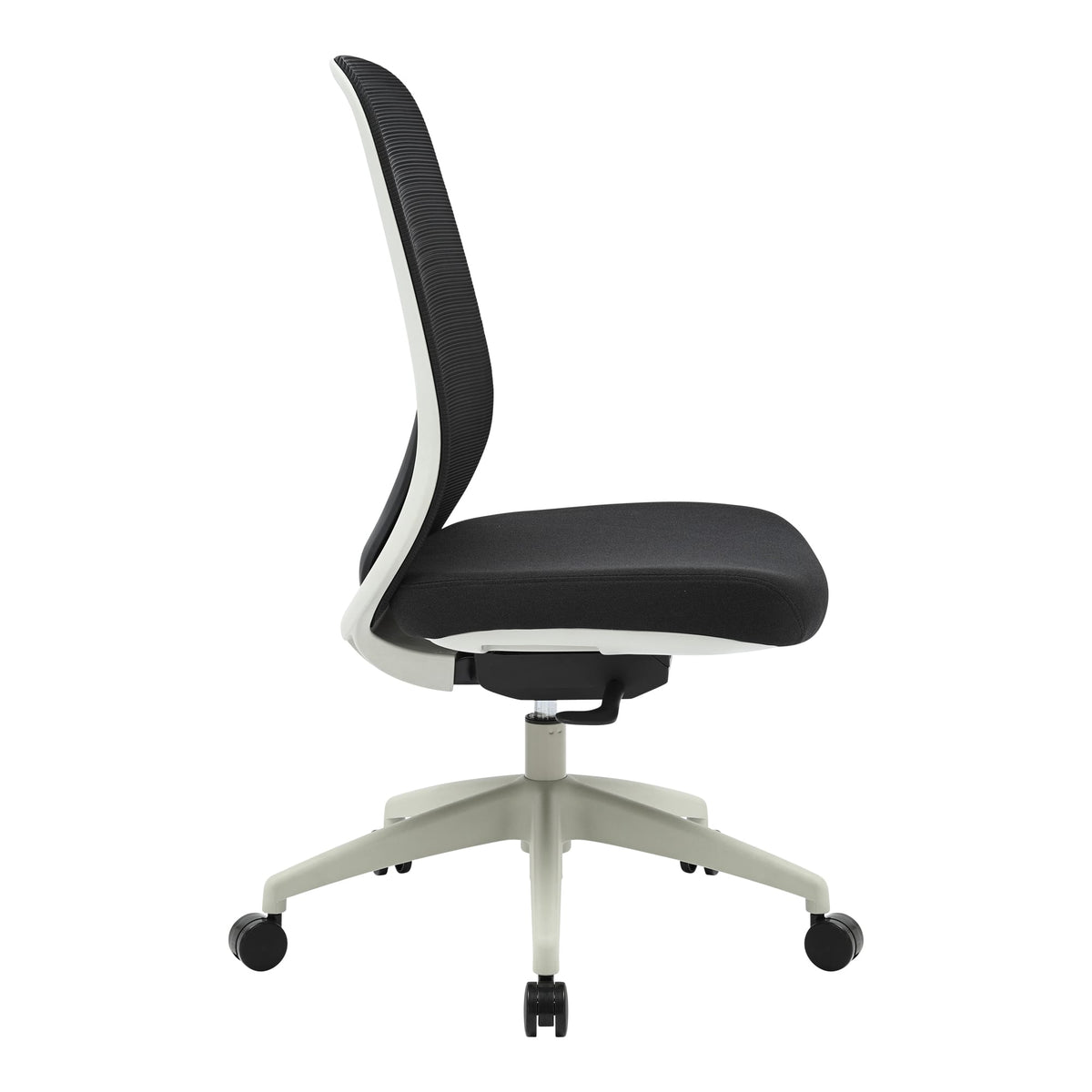 Side view of the light grey Buro Force chair without arms showing the curved mesh back, seat depth and gas lift