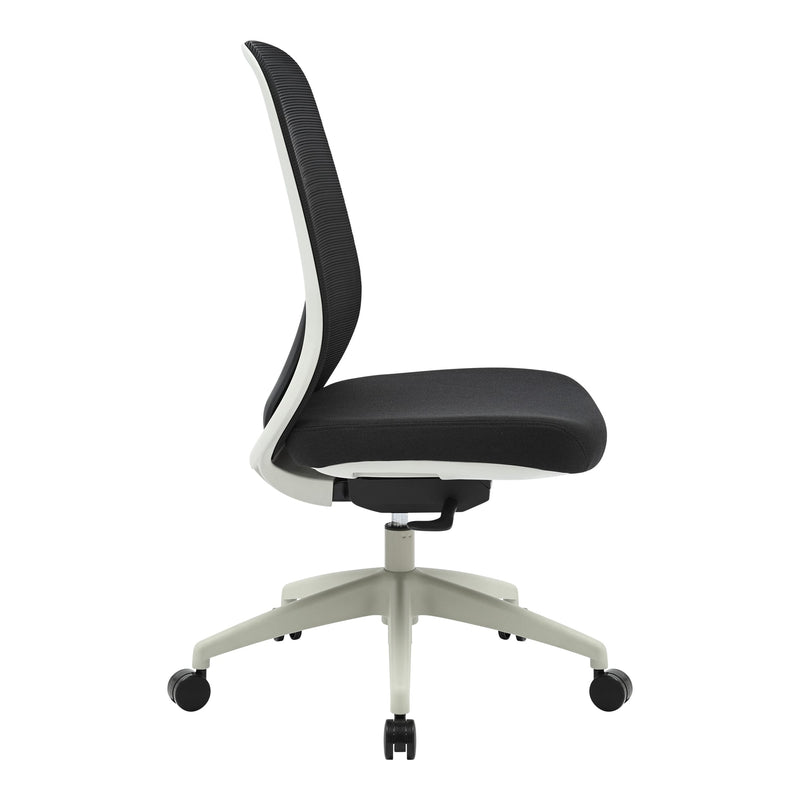 Side view of the light grey Buro Force chair without arms showing the curved mesh back, seat depth and gas lift