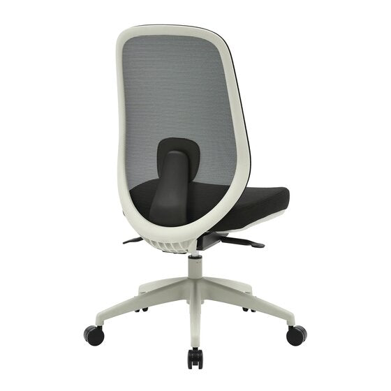 Rear three quarter view of the Buro Force chair showing the light grey frame around the black mesh and the lumbar pad