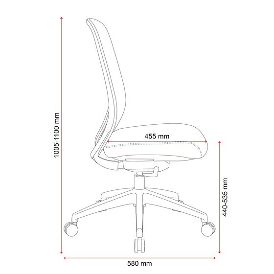 Side line drawing of the Buro Force chair without arms marked with a 1005 to 1100mm height, 440 to 535mm seat height and 580mm depth