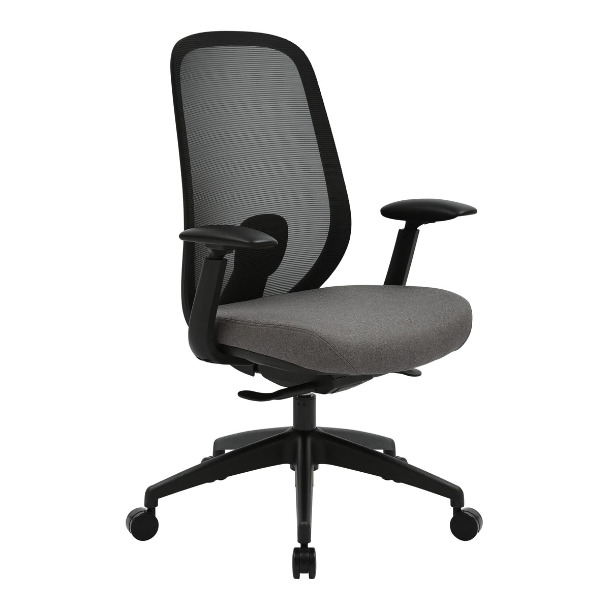 Buro Force chair 799A-3-M3 with height and width adjustable armrests, a black frame and base, black mesh back and grey seat