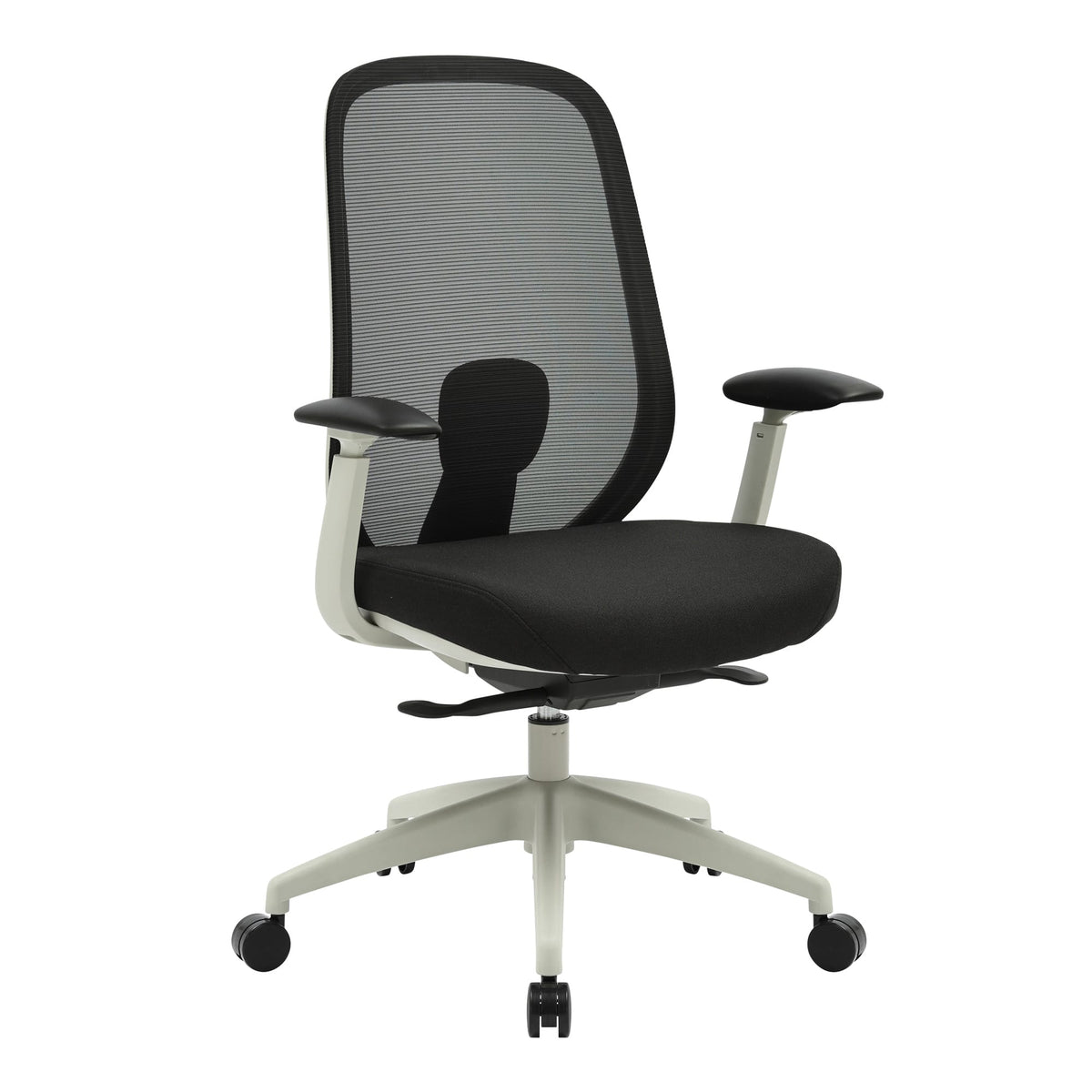 Buro Force chair 799A-2-M3 with height and width adjustable armrests, a light grey frame and base, black mesh back and black seat