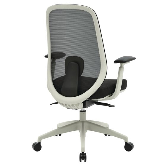 Rear three quarter view of the Buro Force chair with arms showing the light grey frame around the black mesh and the lumbar pad