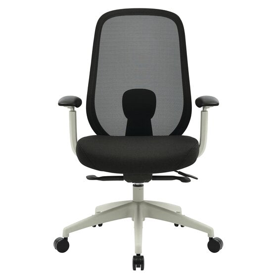 Front view of the light grey Buro Force chair with arms showing the lumbar pad through the mesh, black seat and both armrests