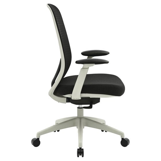Side view of the Buro Force chair with arms in light grey and black showing the armrest height, mesh back curve and seat depth