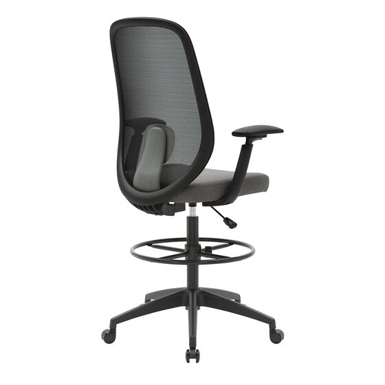 Rear three quarter view of the Buro Force drafting chair in black with the lumbar pad behind the mesh and the grey seat