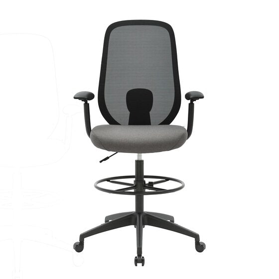 Front view of the black Buro Force drafting chair with a grey seat, showing the lumbar pad through the mesh and both armrests