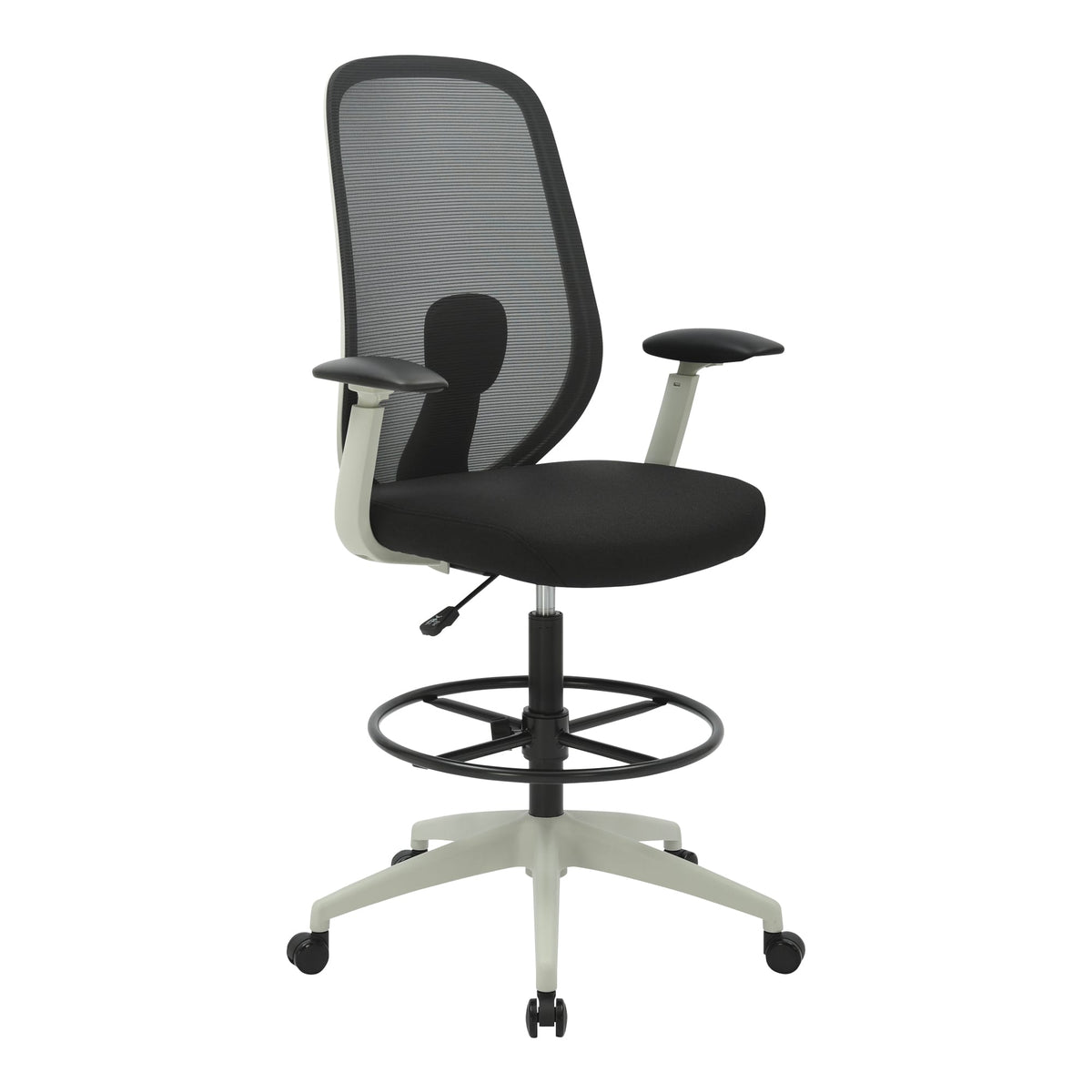 Buro Force Drafting Chair 799A-2-M3-AT with a light grey frame and base, black mesh back, black seat, armrests and a black foot ring